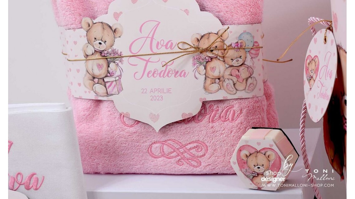 Trusou de botez cu ursuleti roz si inimioare Teddy Bear Pink Hearts 12